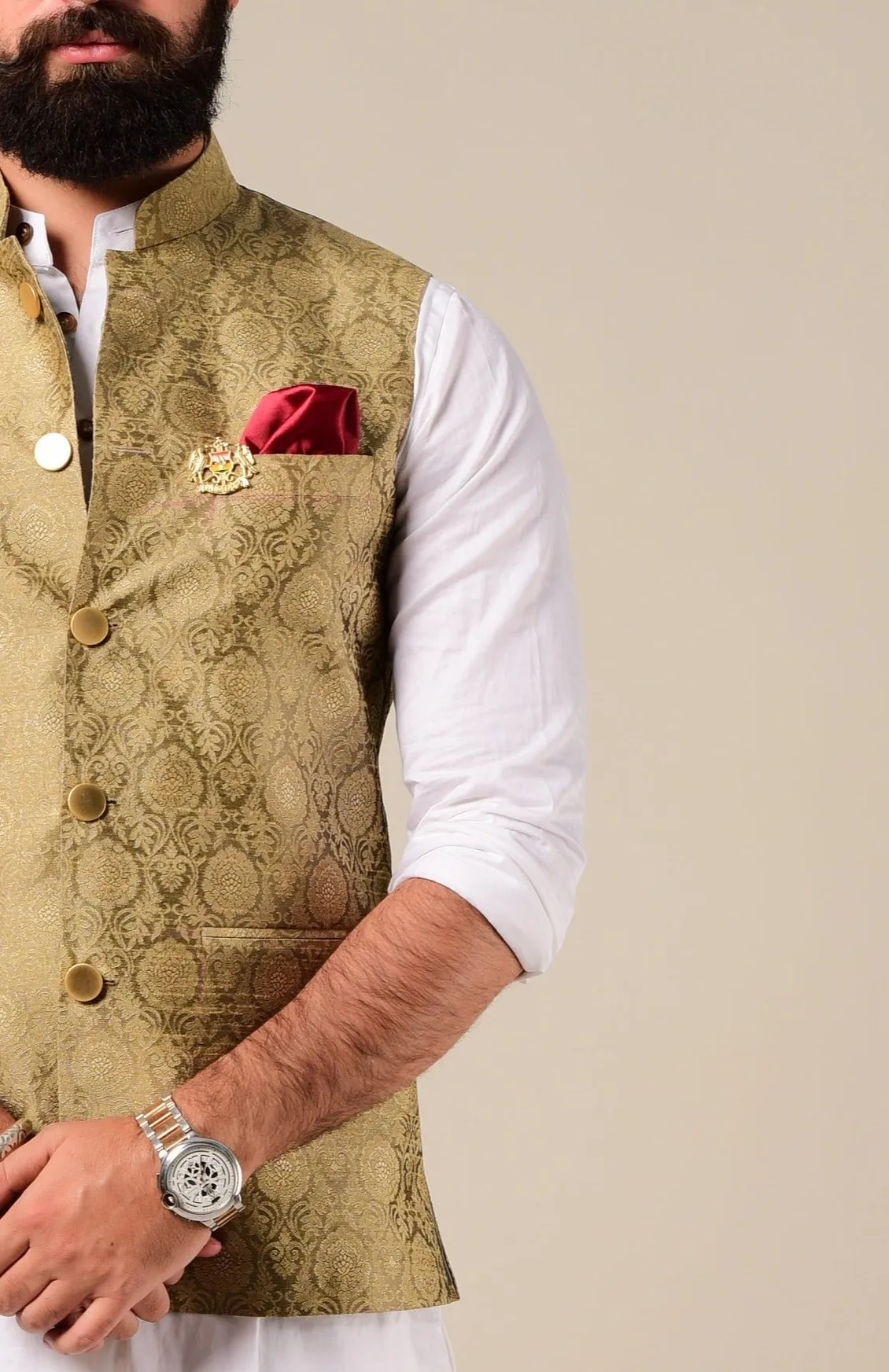 Handmade Royal Gold Kurta Pajama Nehru Modi Jacket Set