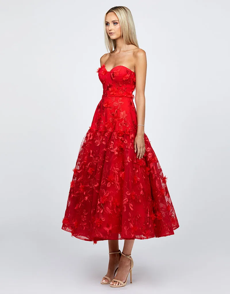 HARISSA DROPPED WAIST STRAPLESS TEA LENGTH MIDI B68D39S