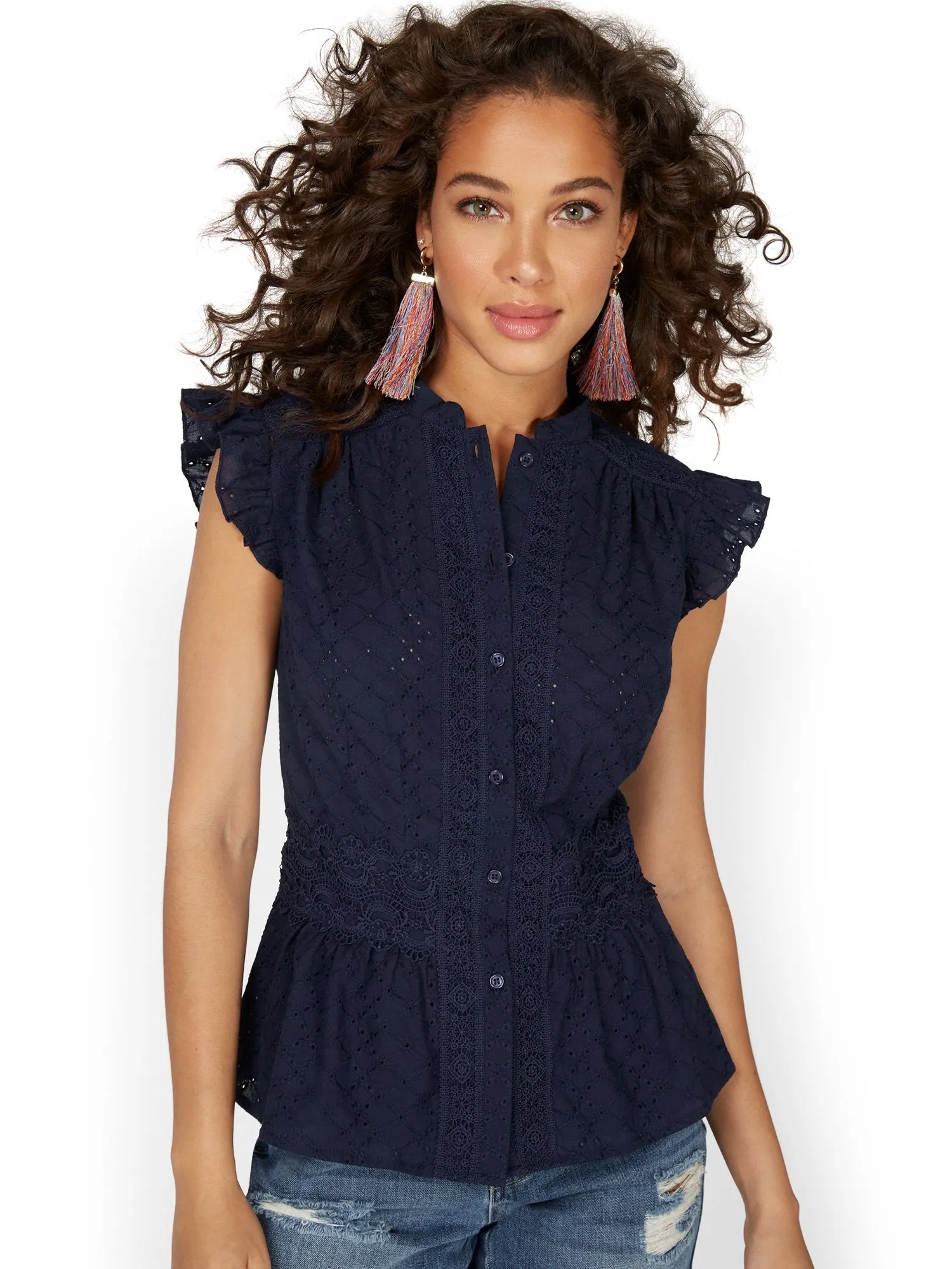 High-Neck Ruffle Eyelet Top - Lily & Cali
