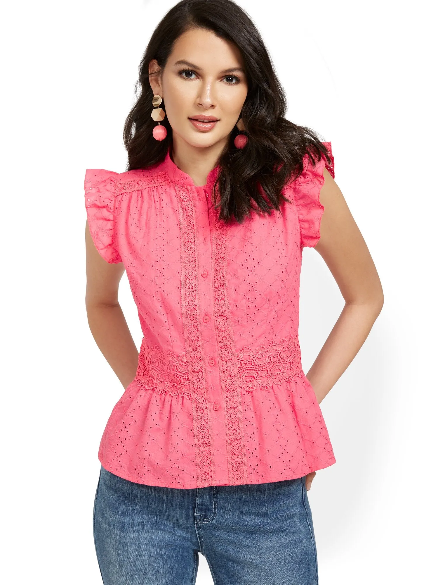 High-Neck Ruffle Eyelet Top - Lily & Cali