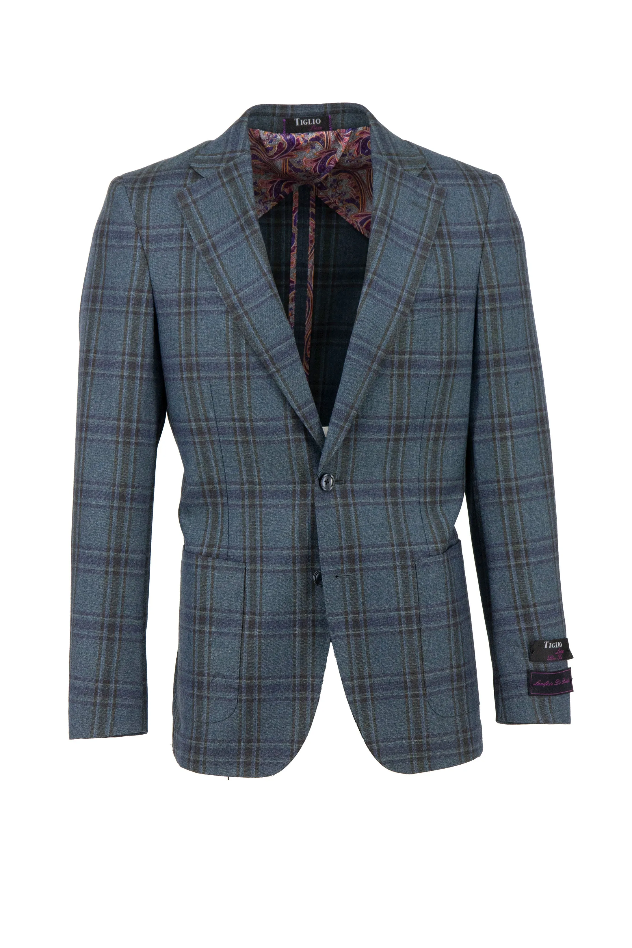 Jean Blue With Purple Windowpane Veneto/THP Slim Fit half lined, Pure Wool Jacket by Tiglio Luxe