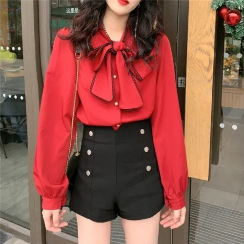 Joskaa Christmas Gift Kuzuwata Autumn Chic Bow Drawstring Stand Collar Shirt Fashion 2024 All-match Femme Blusas Solid Color Elegant Women Blouses