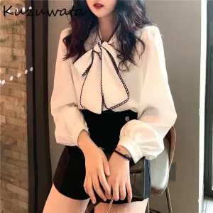 Joskaa Christmas Gift Kuzuwata Autumn Chic Bow Drawstring Stand Collar Shirt Fashion 2024 All-match Femme Blusas Solid Color Elegant Women Blouses