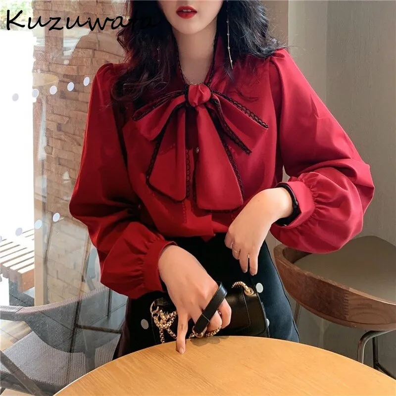 Joskaa Christmas Gift Kuzuwata Autumn Chic Bow Drawstring Stand Collar Shirt Fashion 2024 All-match Femme Blusas Solid Color Elegant Women Blouses