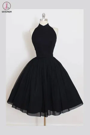 Kateprom Black Sleeveless Homecoming Dress, Simple Halter Party Dresses, Tea Length Graduation Dress KPH0464
