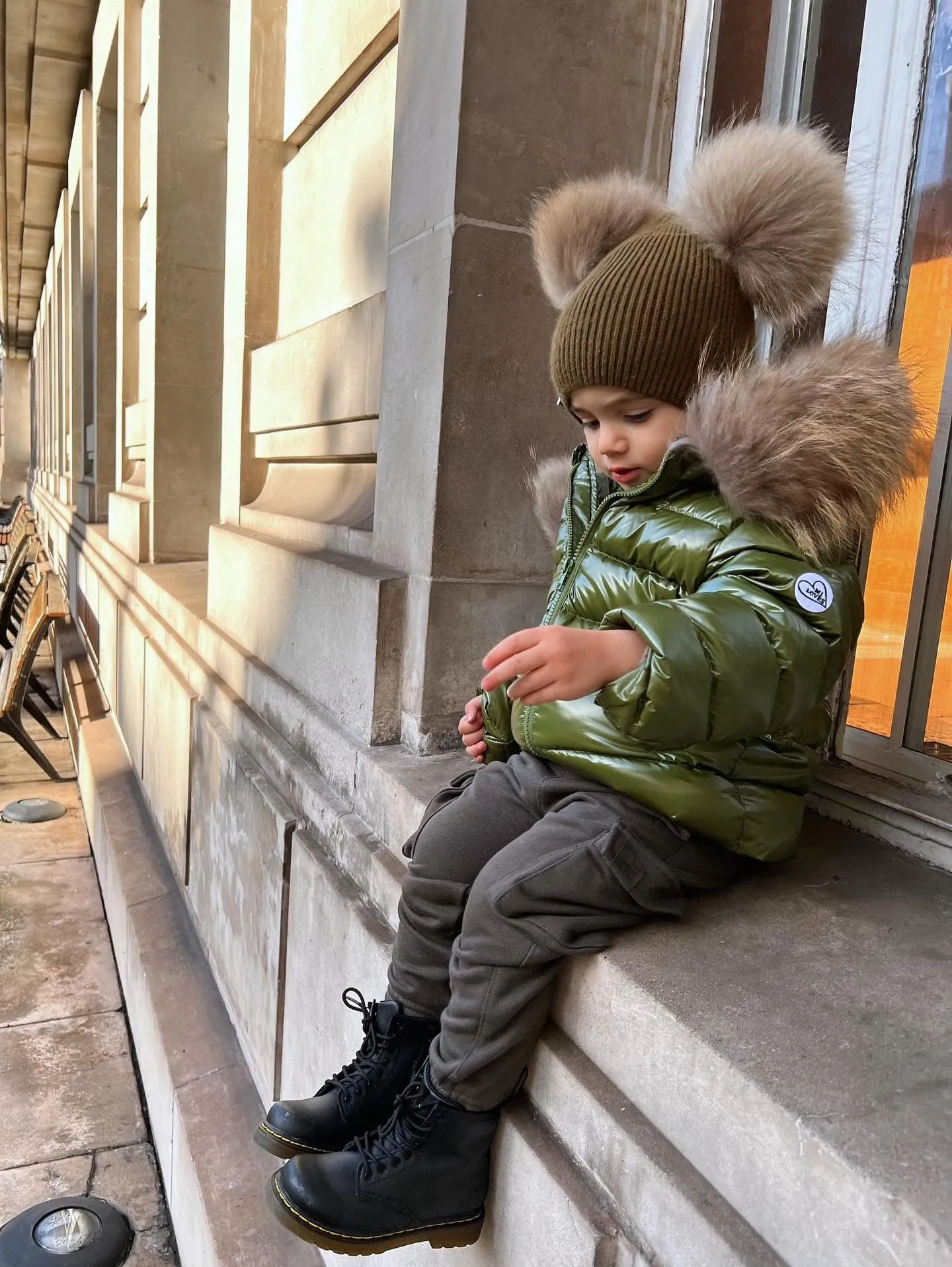KIDS MI LOVES SIGNATURE Luxurious Racoon Fur Trim puff jacket in Khaki green colour.