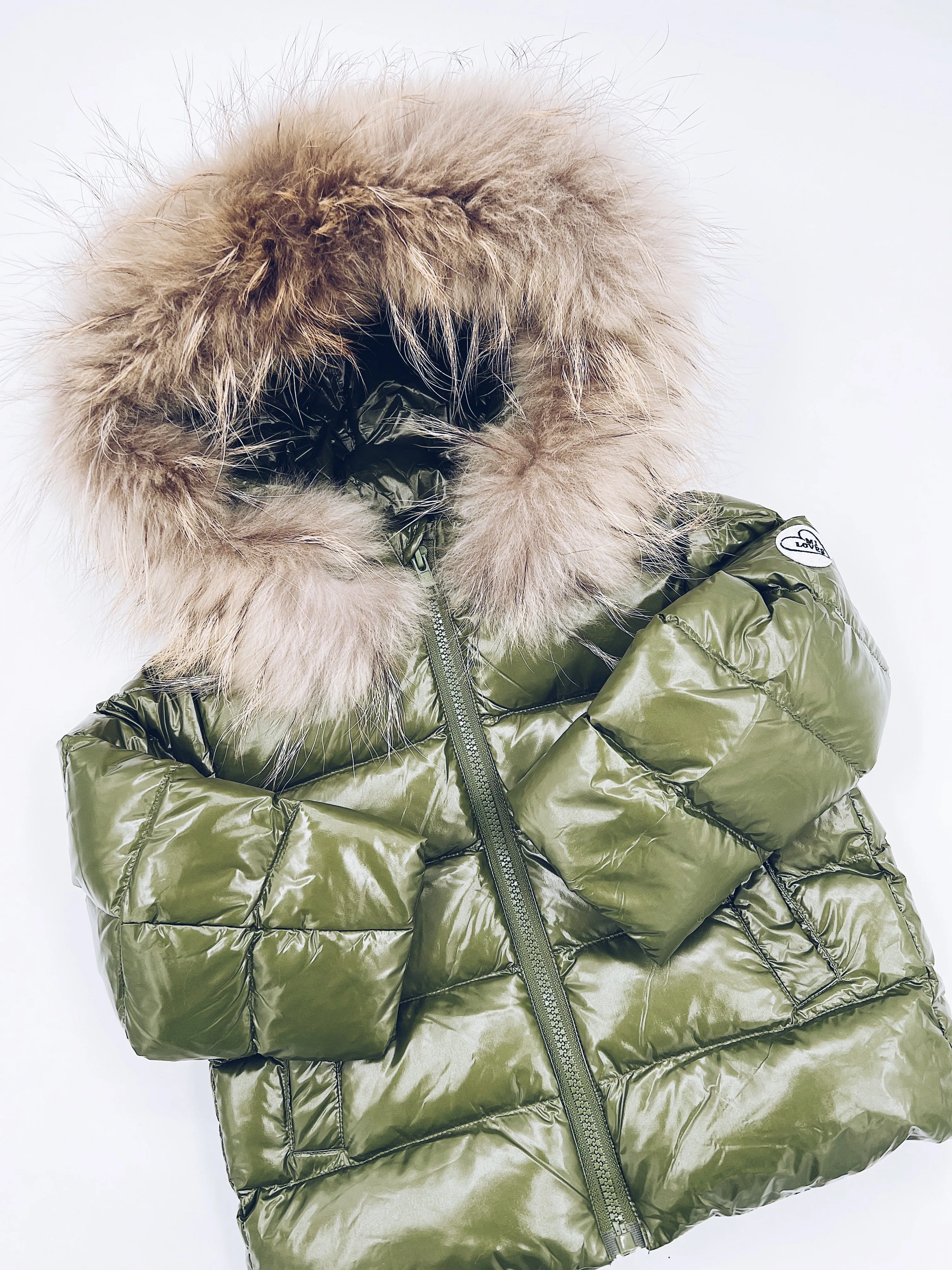 KIDS MI LOVES SIGNATURE Luxurious Racoon Fur Trim puff jacket in Khaki green colour.