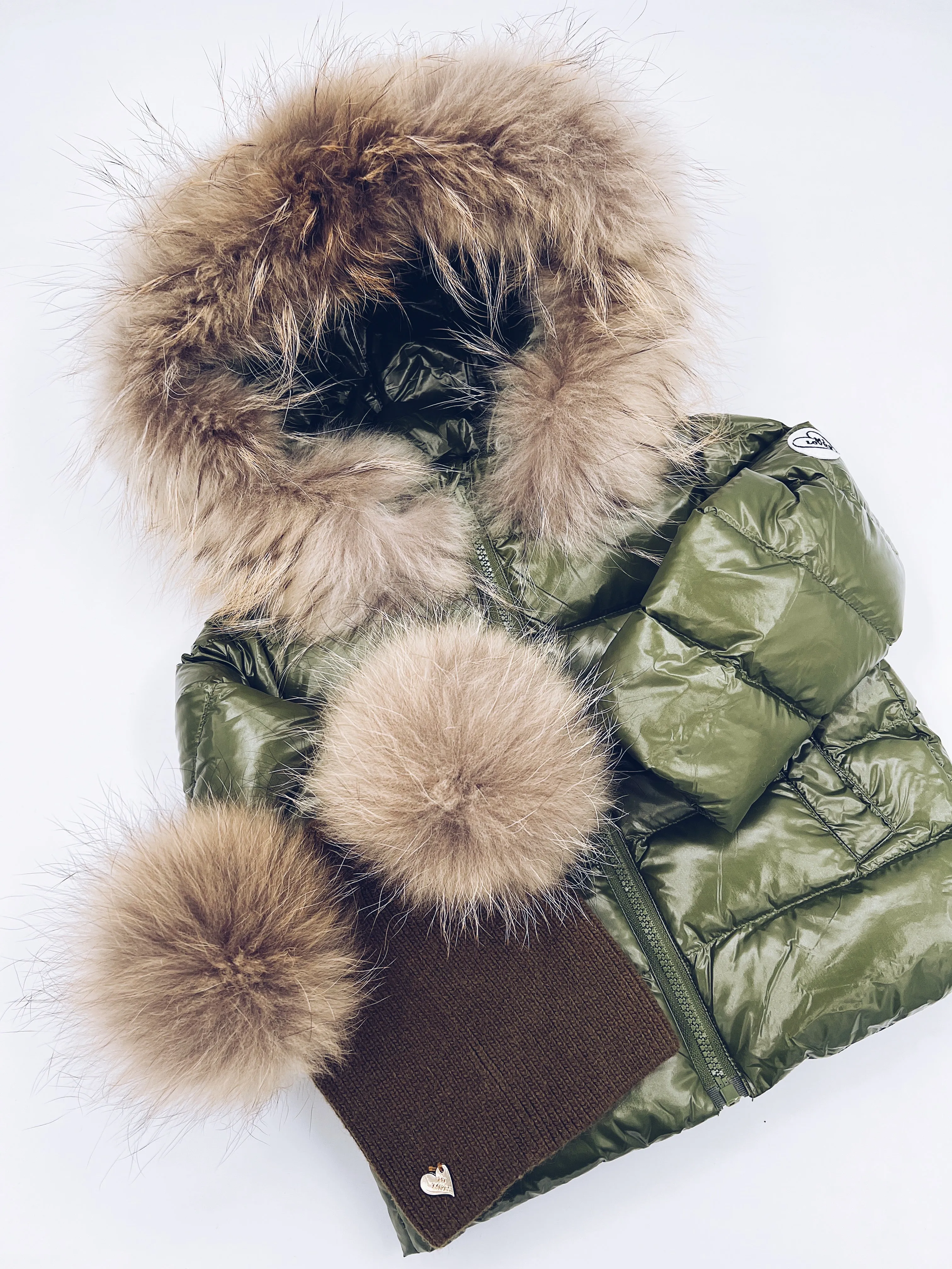 KIDS MI LOVES SIGNATURE Luxurious Racoon Fur Trim puff jacket in Khaki green colour.