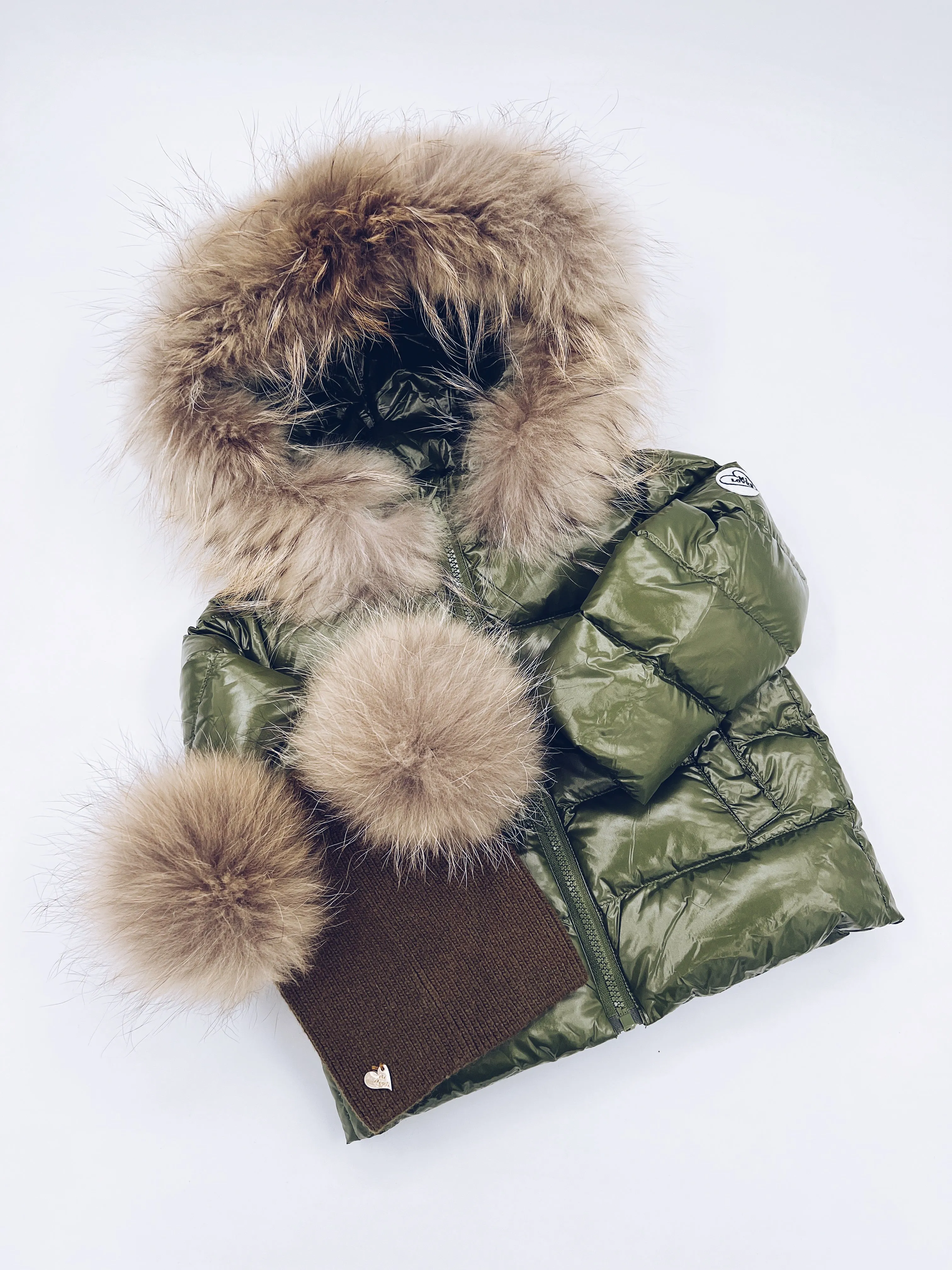 KIDS MI LOVES SIGNATURE Luxurious Racoon Fur Trim puff jacket in Khaki green colour.