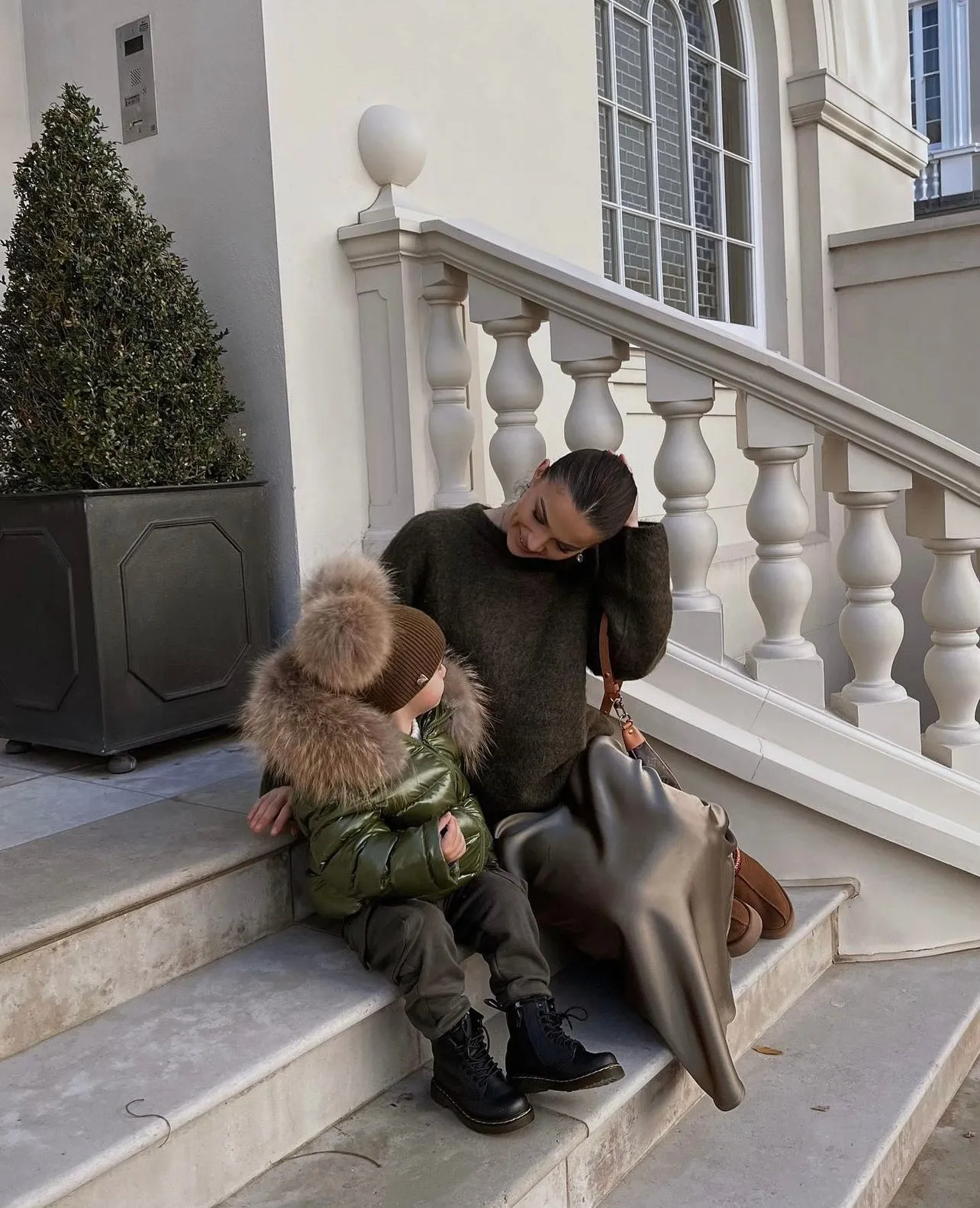 KIDS MI LOVES SIGNATURE Luxurious Racoon Fur Trim puff jacket in Khaki green colour.