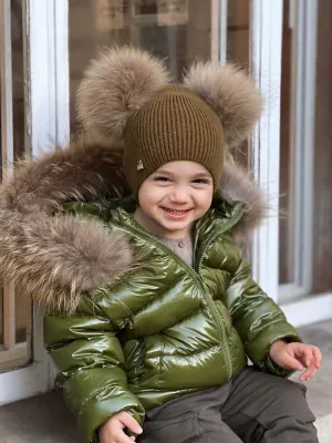 KIDS MI LOVES SIGNATURE Luxurious Racoon Fur Trim puff jacket in Khaki green colour.