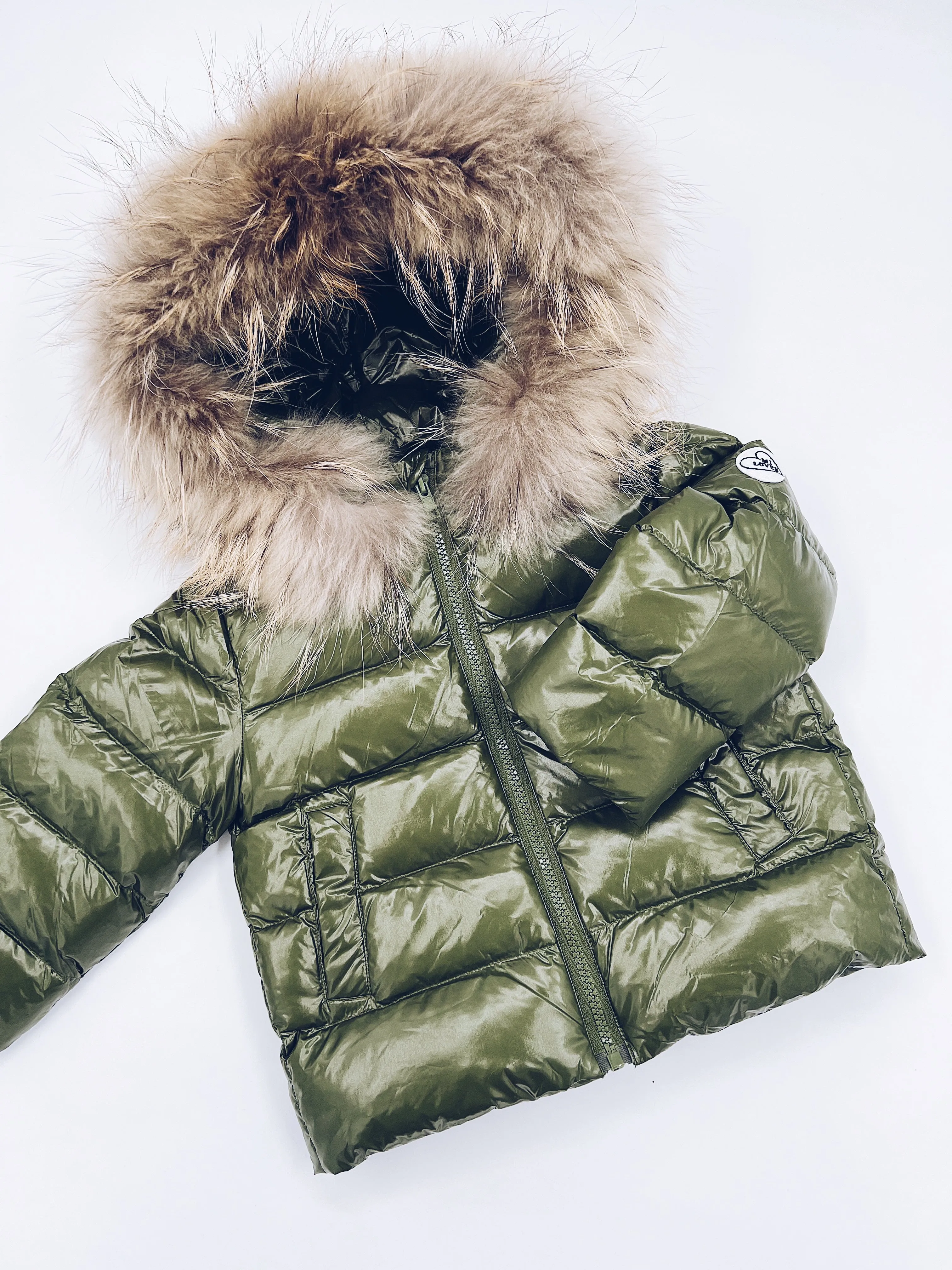 KIDS MI LOVES SIGNATURE Luxurious Racoon Fur Trim puff jacket in Khaki green colour.