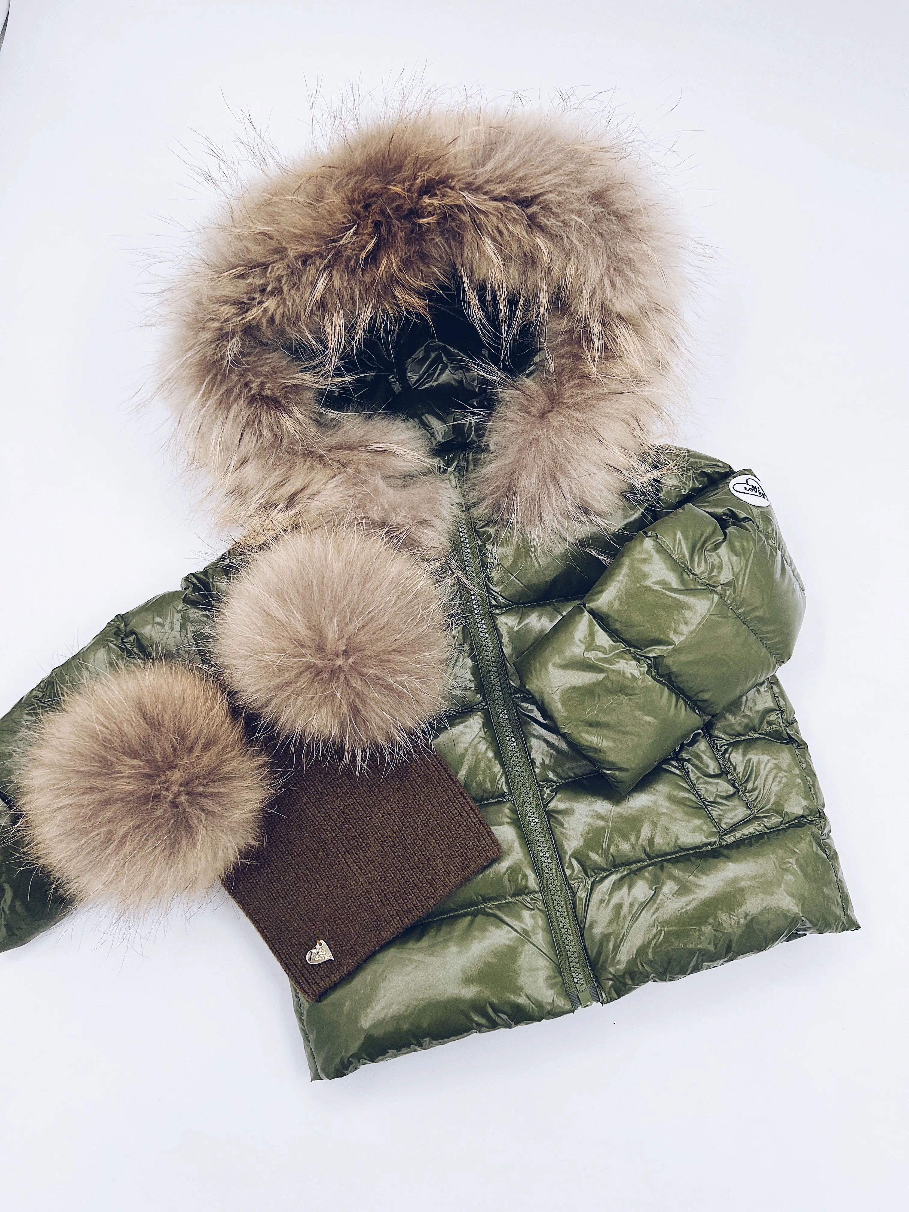 KIDS MI LOVES SIGNATURE Luxurious Racoon Fur Trim puff jacket in Khaki green colour.