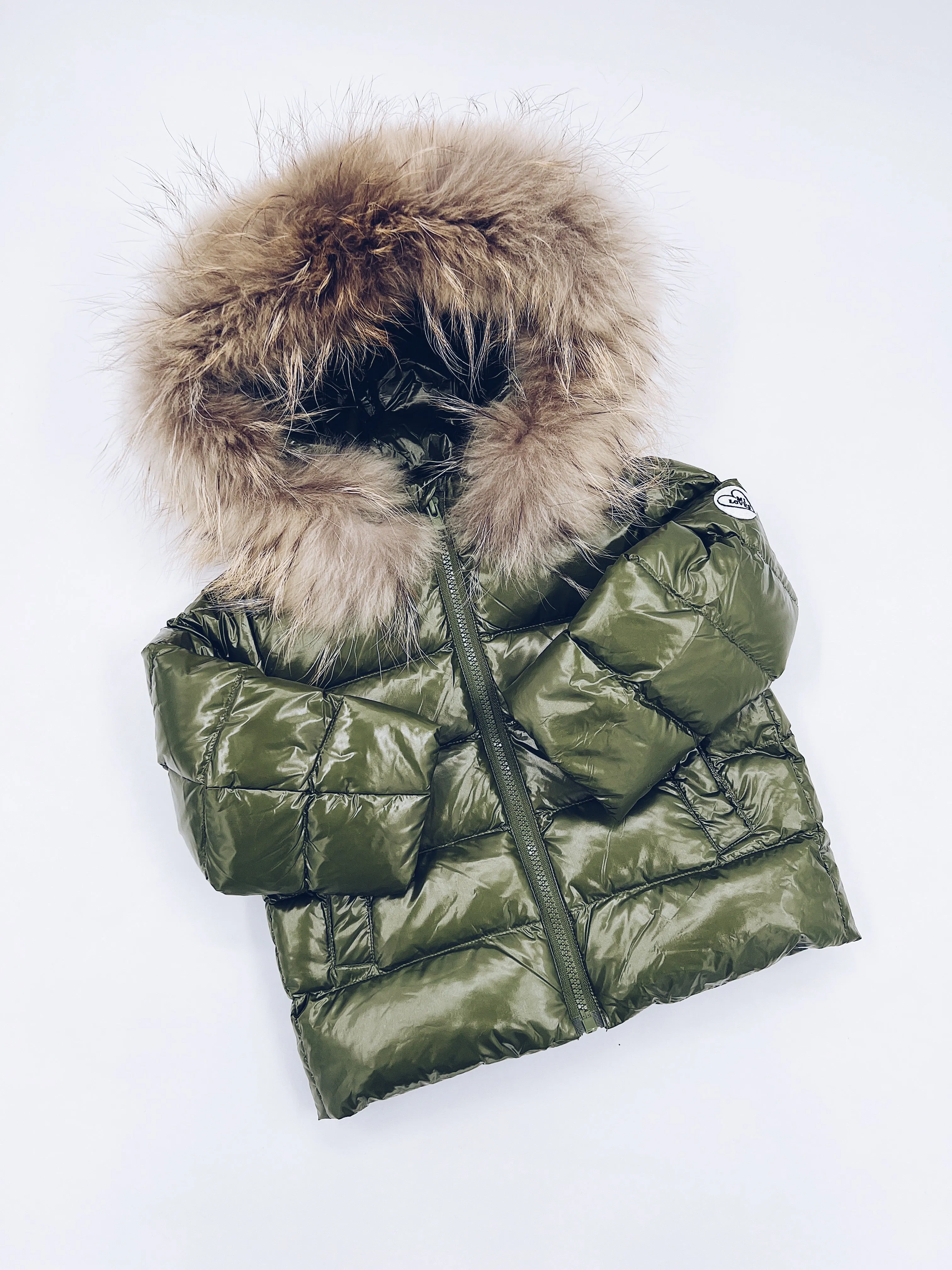 KIDS MI LOVES SIGNATURE Luxurious Racoon Fur Trim puff jacket in Khaki green colour.