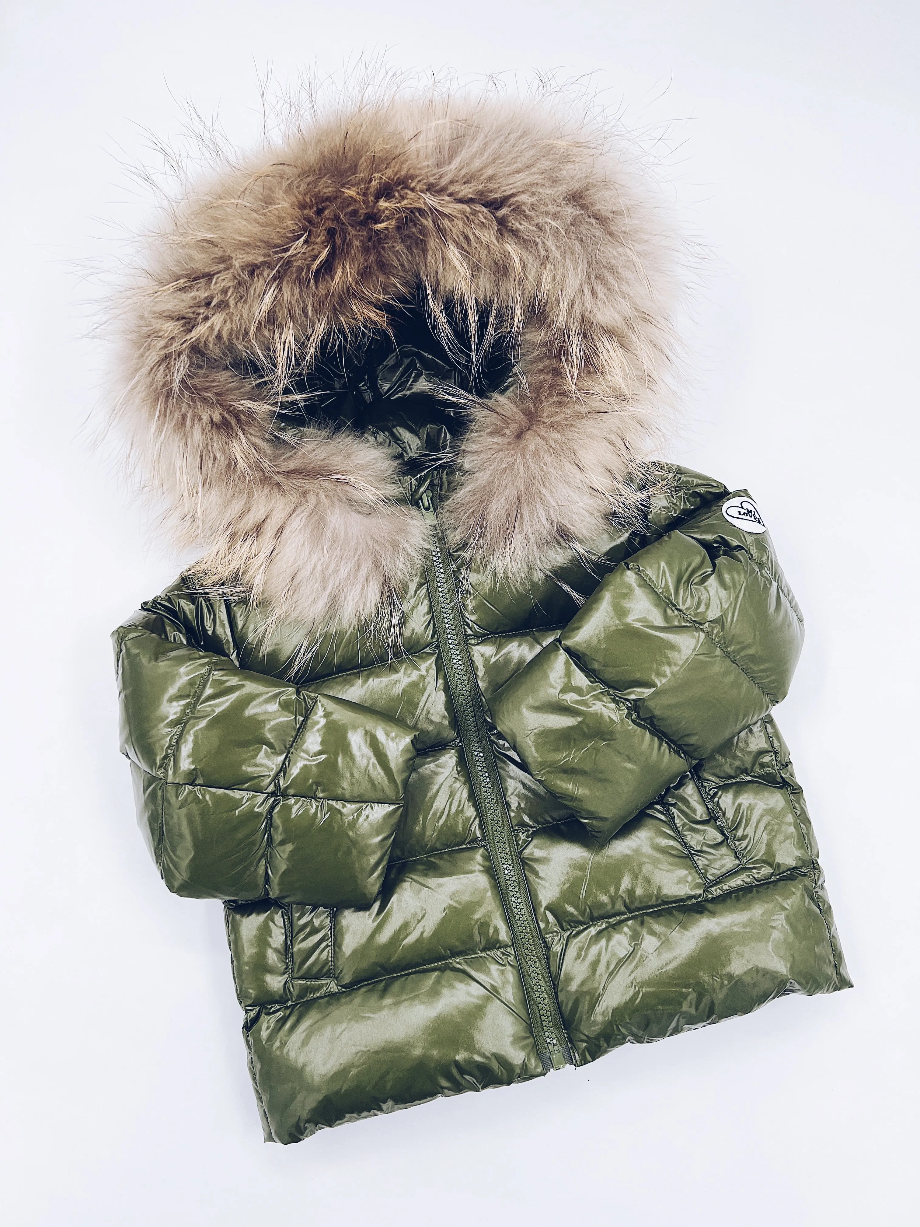 KIDS MI LOVES SIGNATURE Luxurious Racoon Fur Trim puff jacket in Khaki green colour.