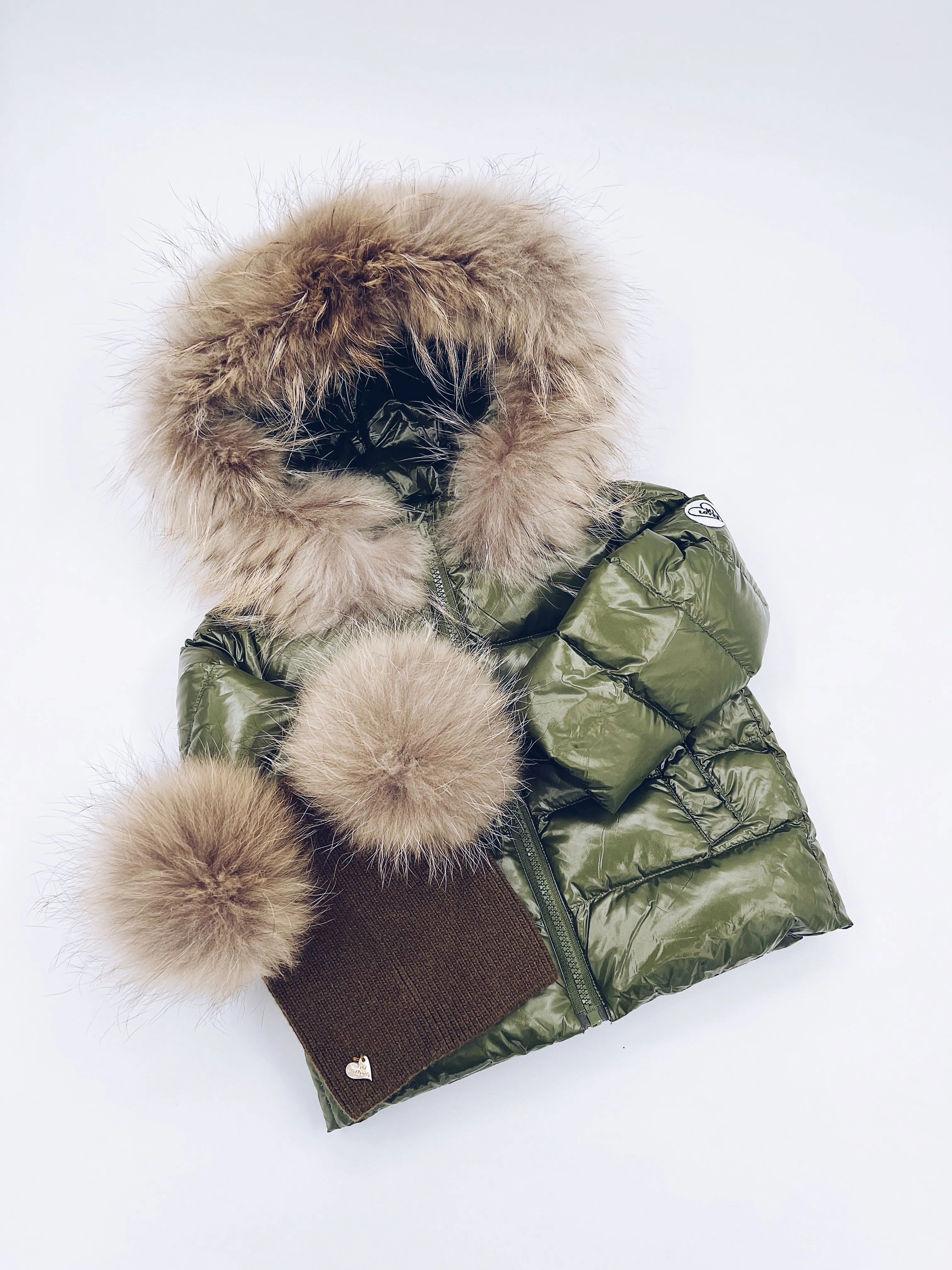 KIDS MI LOVES SIGNATURE Luxurious Racoon Fur Trim puff jacket in Khaki green colour.