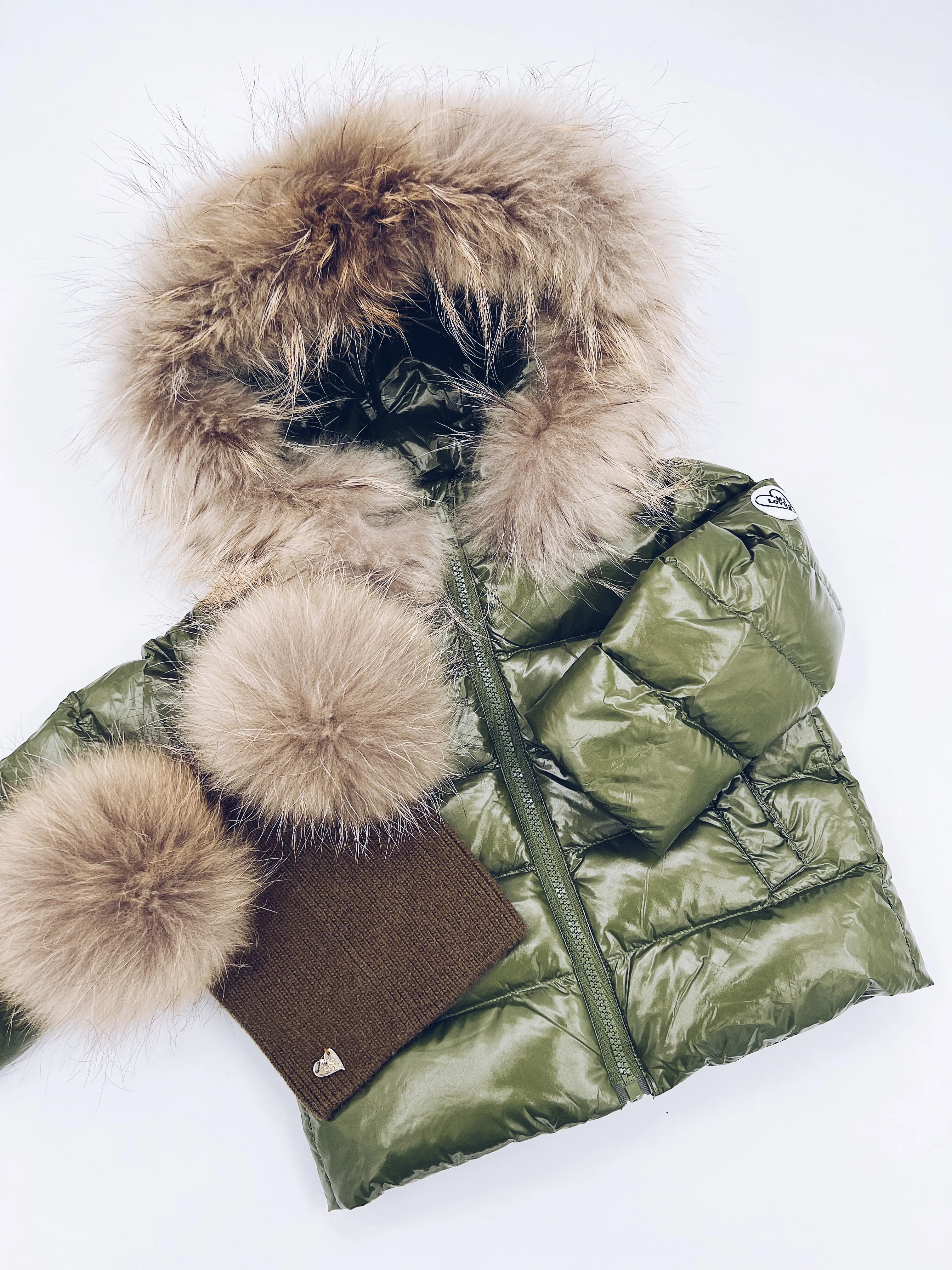 KIDS MI LOVES SIGNATURE Luxurious Racoon Fur Trim puff jacket in Khaki green colour.