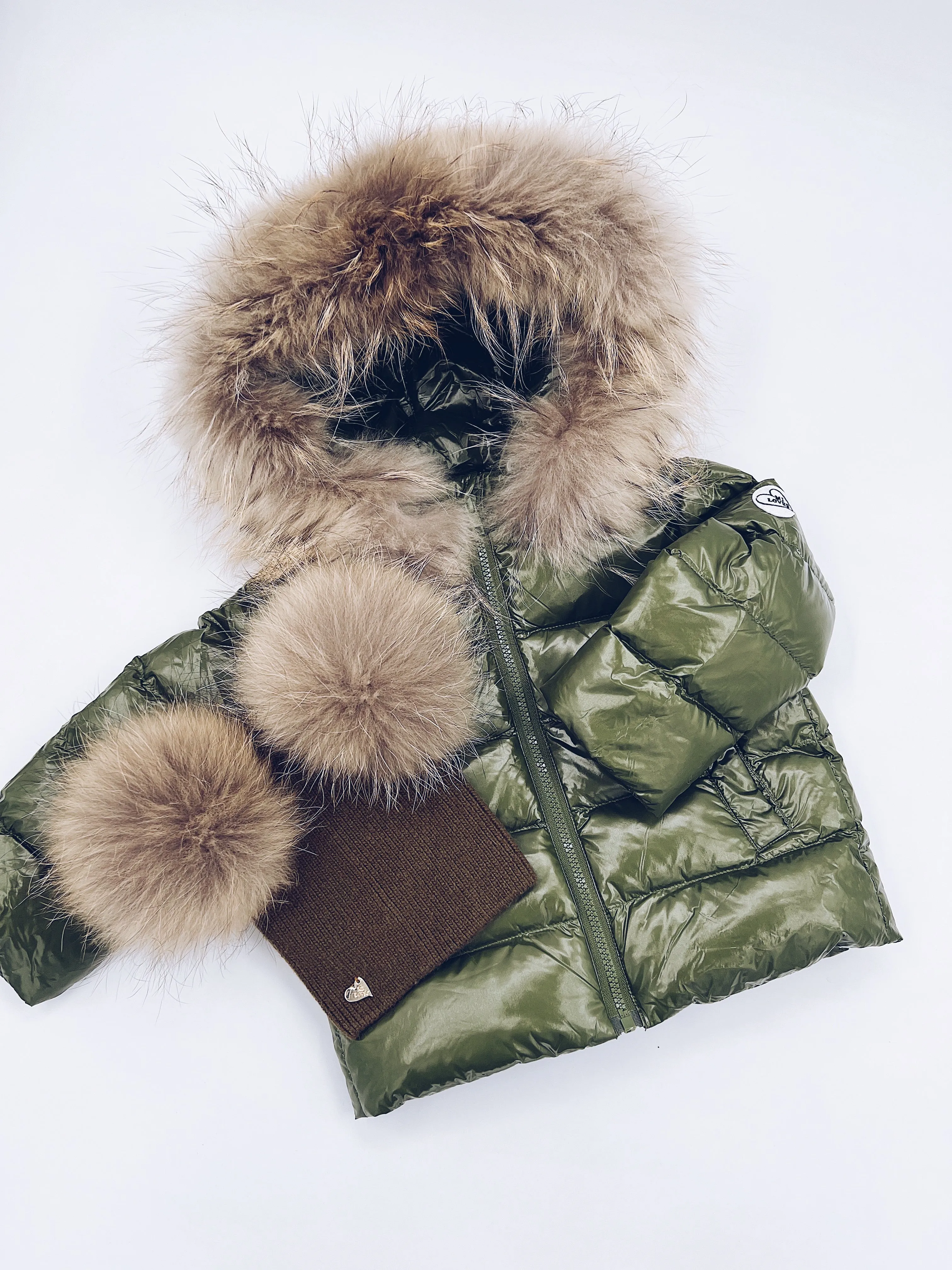 KIDS MI LOVES SIGNATURE Luxurious Racoon Fur Trim puff jacket in Khaki green colour.