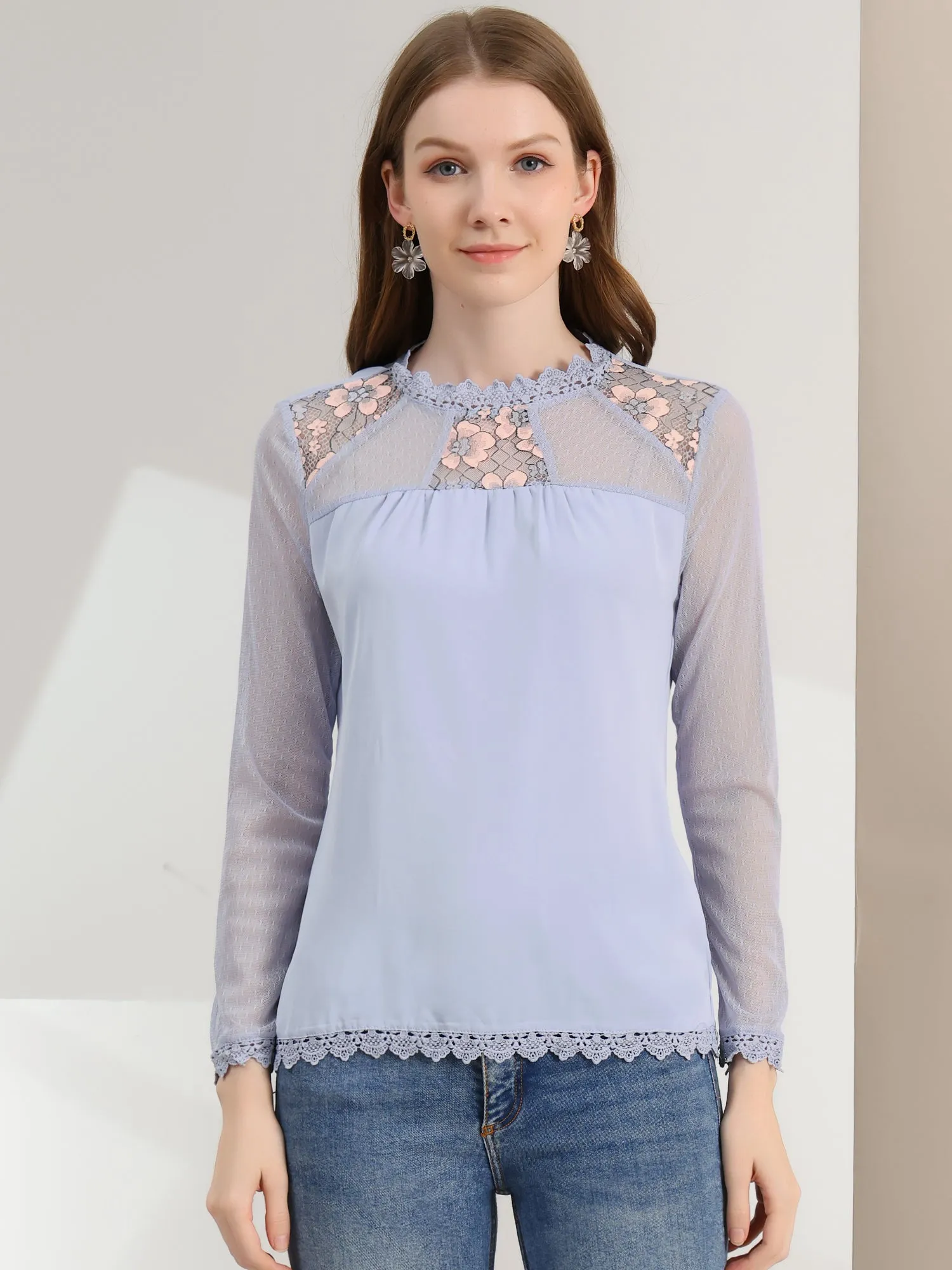 Lace Mesh Long Sleeve Round Neck Casual Elegant Blouse
