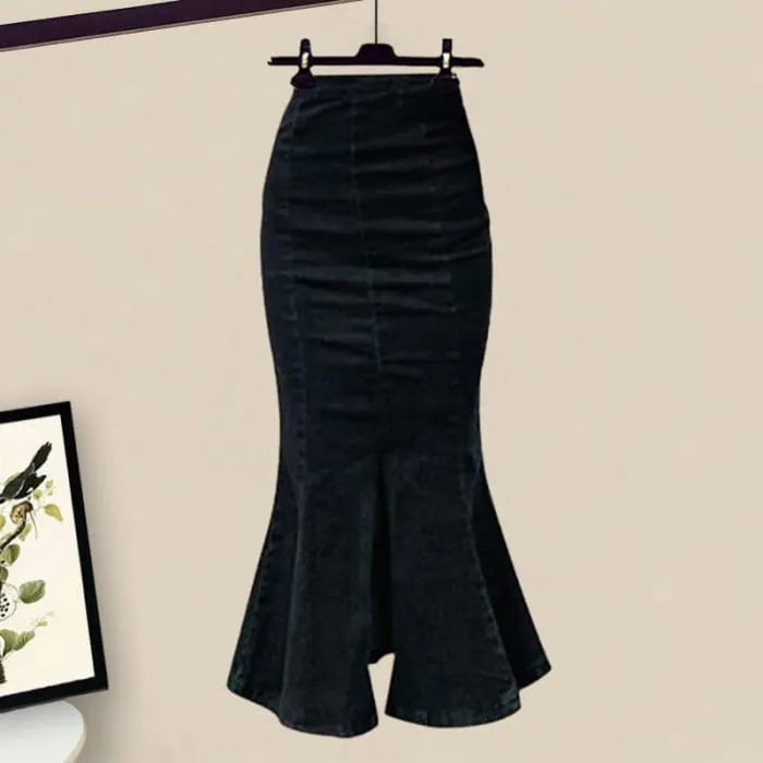 Lace Up Puff Shoulder Crop T-Shirt Denim Pants Skirt