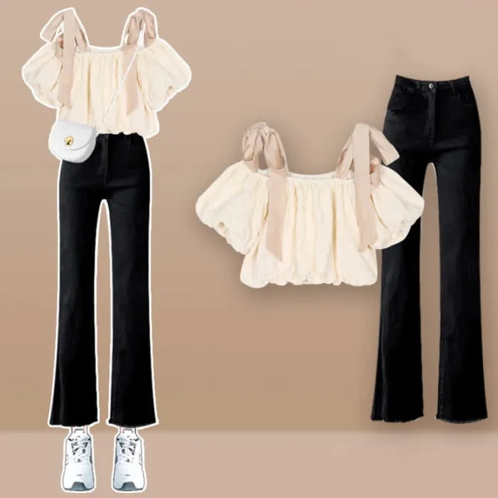Lace Up Puff Shoulder Crop T-Shirt Denim Pants Skirt