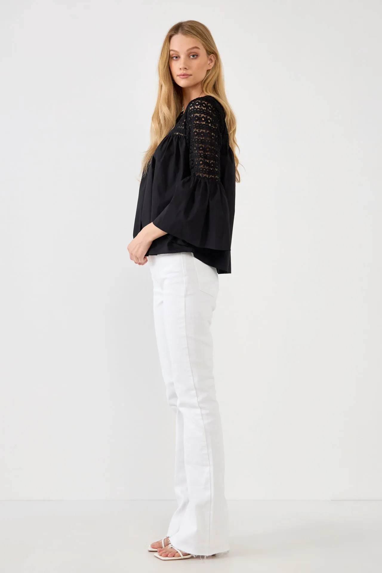 Lace with Poplin Bell Sleeve Blouse