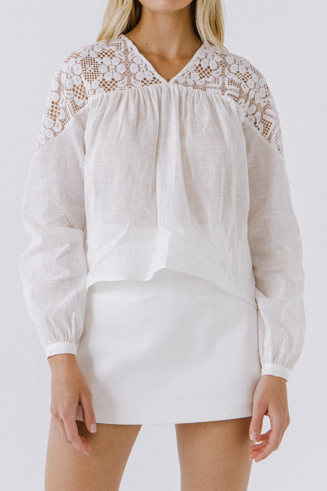 Lace Yoke With Long Sleeve Blouse