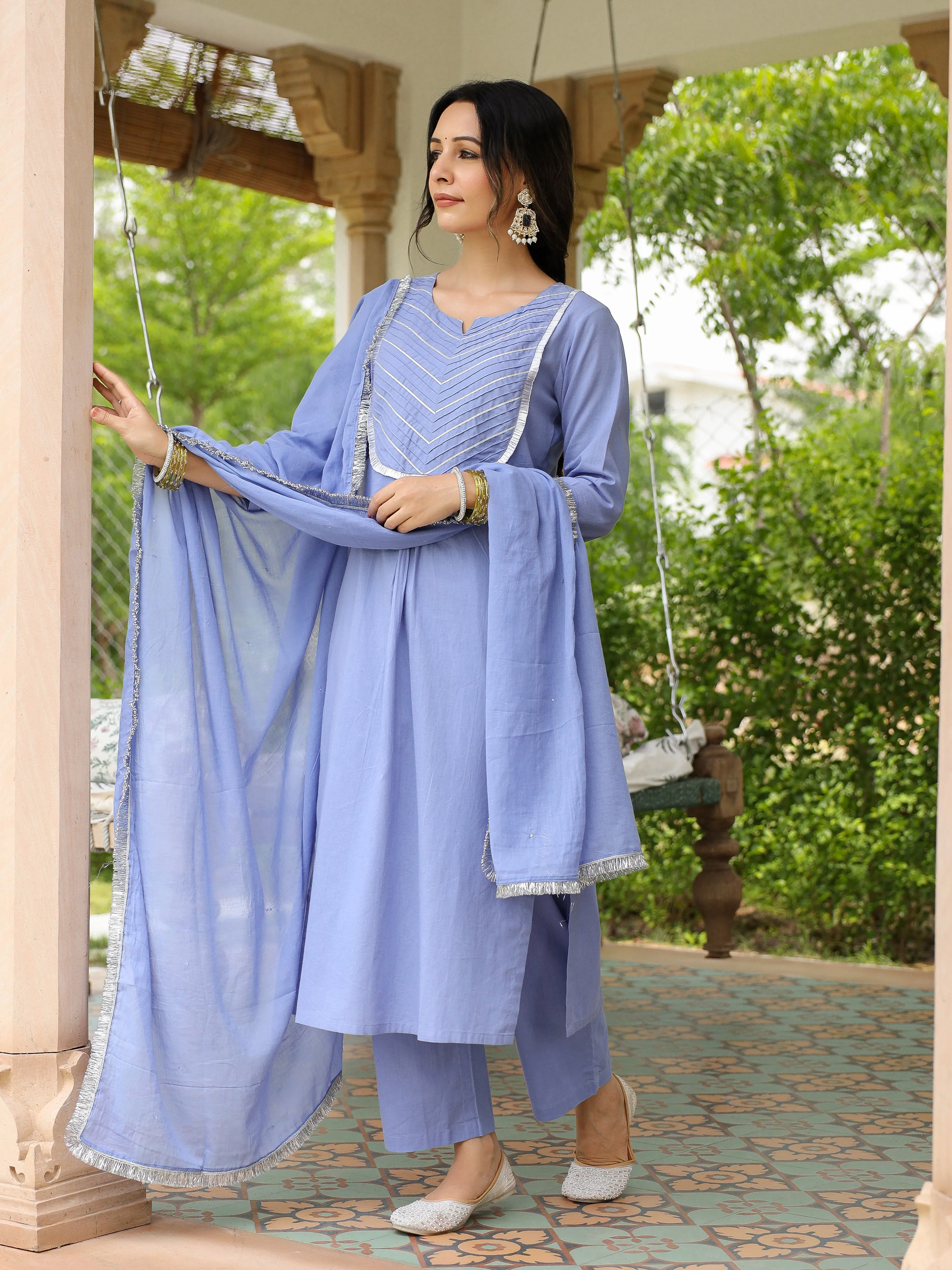 Lavender Blue mulmul cotton kurta set with trousers and dupatta