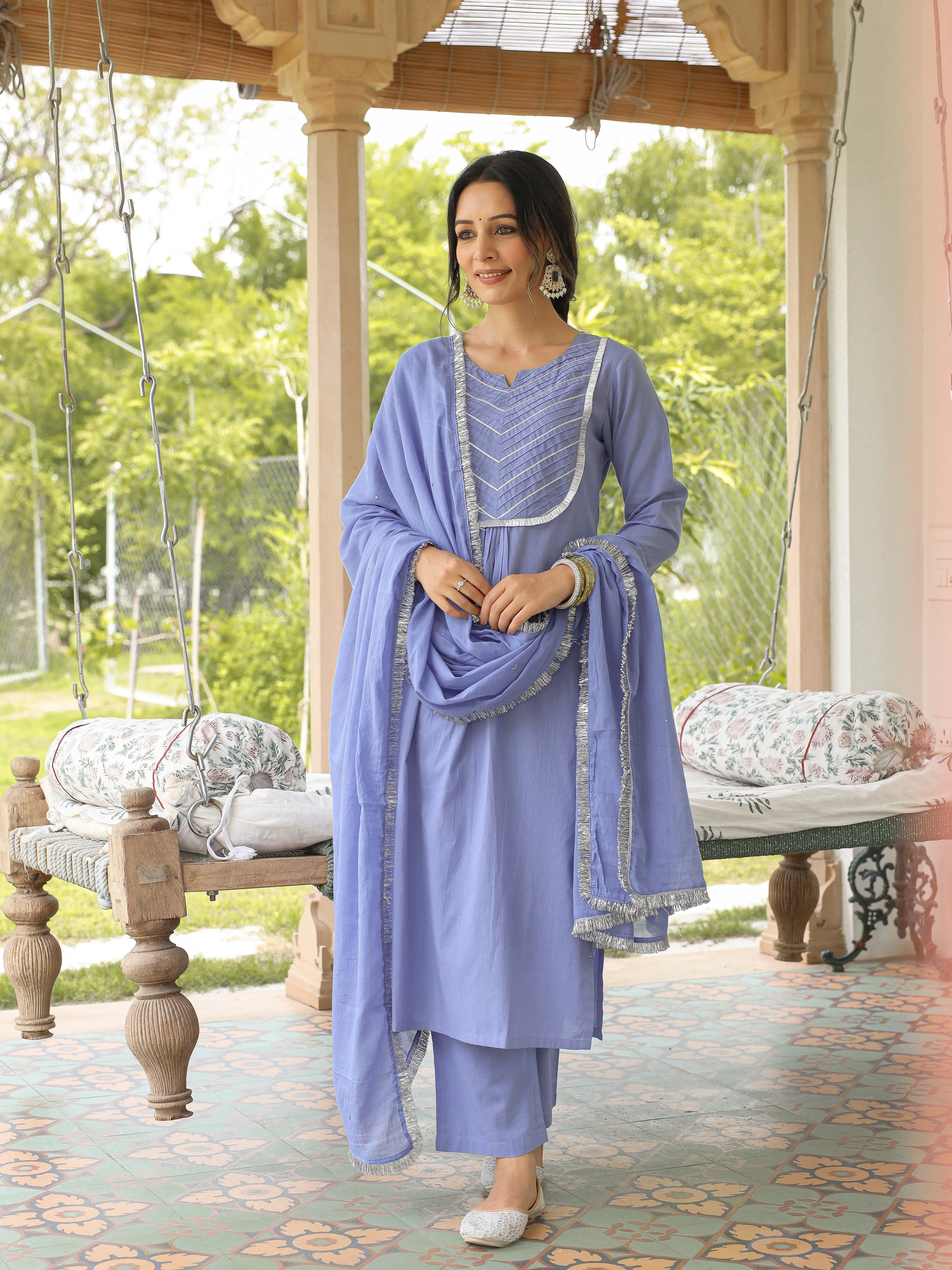 Lavender Blue mulmul cotton kurta set with trousers and dupatta