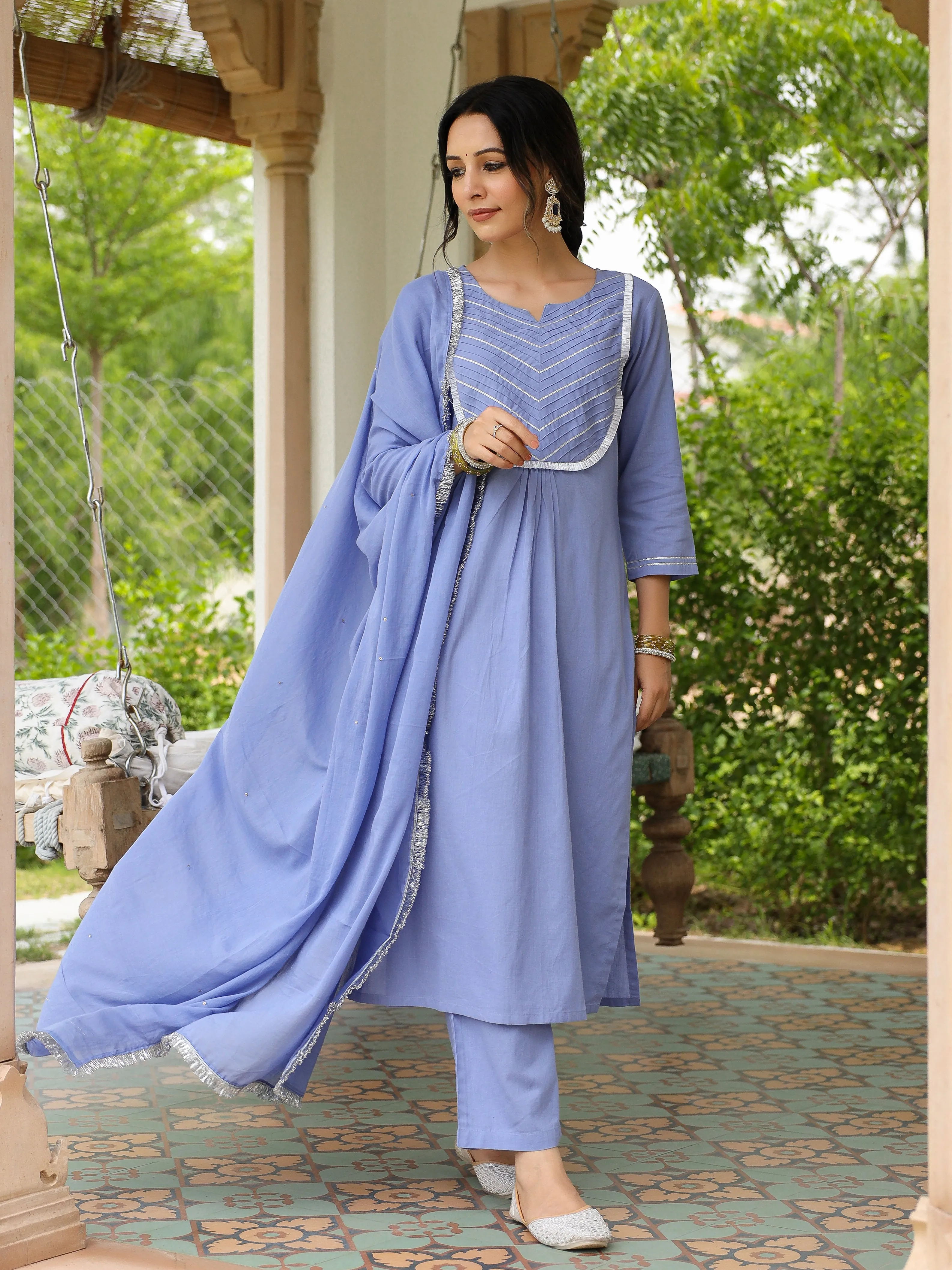Lavender Blue mulmul cotton kurta set with trousers and dupatta