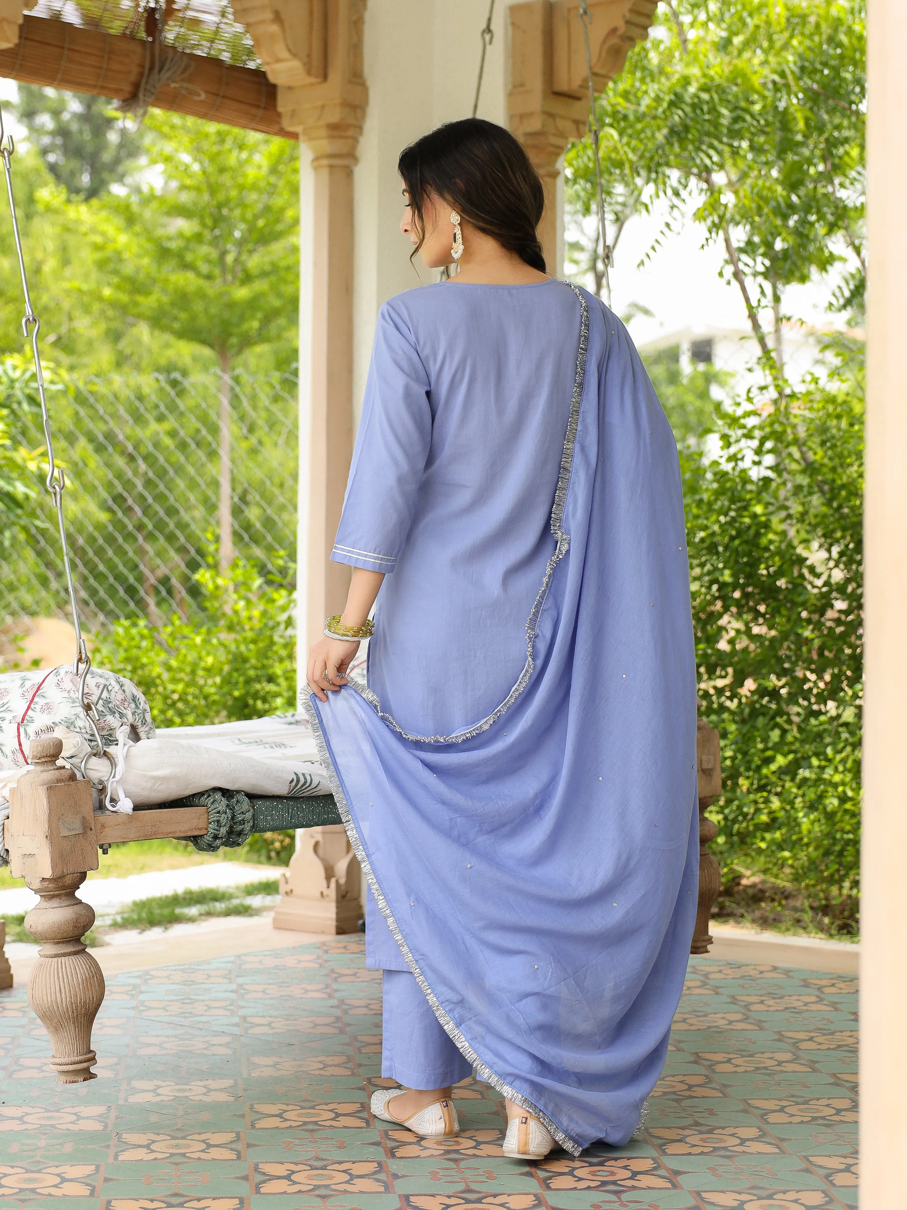 Lavender Blue mulmul cotton kurta set with trousers and dupatta