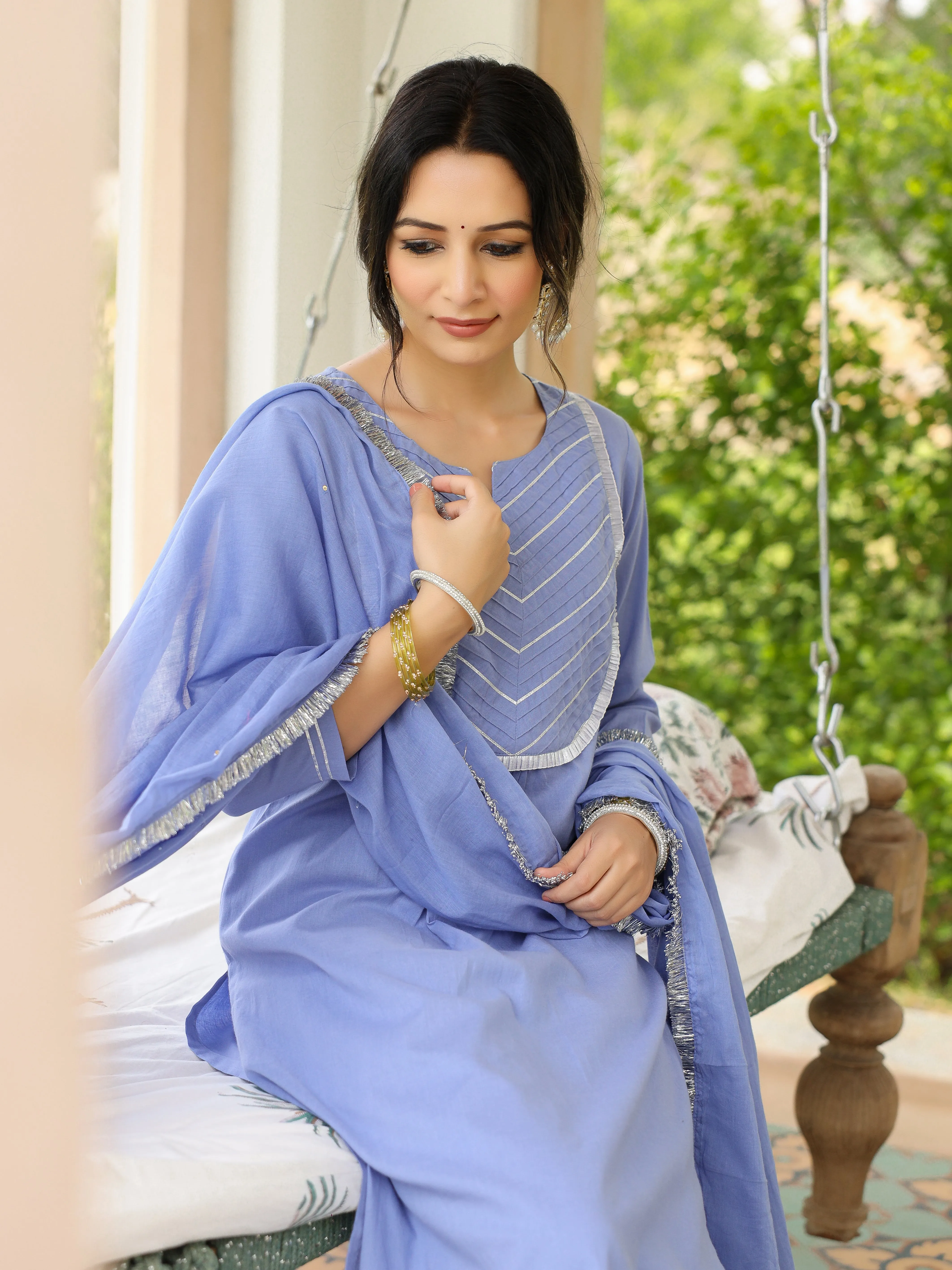 Lavender Blue mulmul cotton kurta set with trousers and dupatta