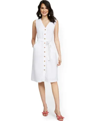 Linen-Blend Button-Front Sleeveless V-Neck Tank Dress