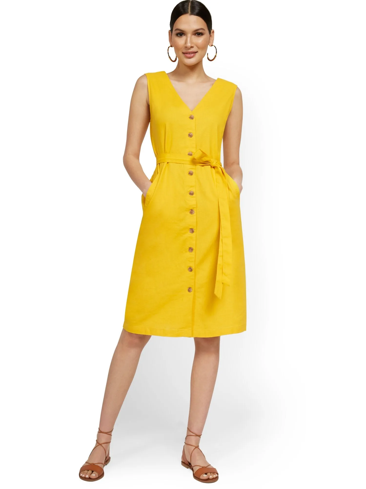 Linen-Blend Button-Front Sleeveless V-Neck Tank Dress