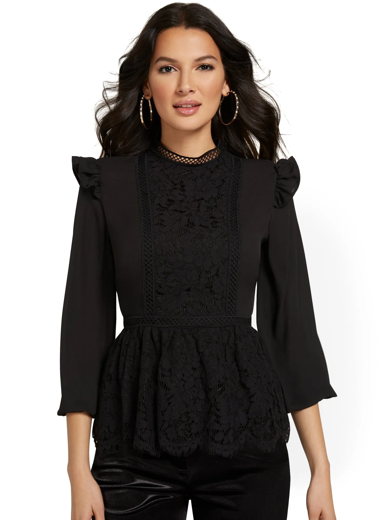 Long-Sleeve Lace Peplum Blouse