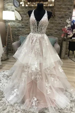 Luolandi A-Line Lace Long Prom Dresses V-Neck Formal Evening Dresses Wedding Dresses
