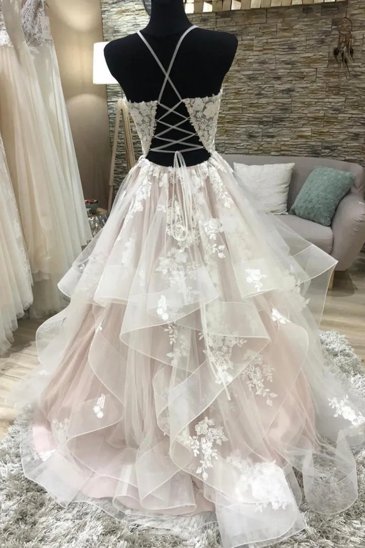 Luolandi A-Line Lace Long Prom Dresses V-Neck Formal Evening Dresses Wedding Dresses