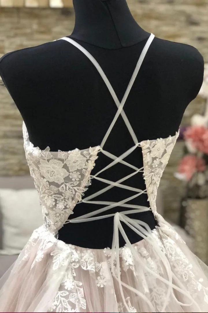 Luolandi A-Line Lace Long Prom Dresses V-Neck Formal Evening Dresses Wedding Dresses