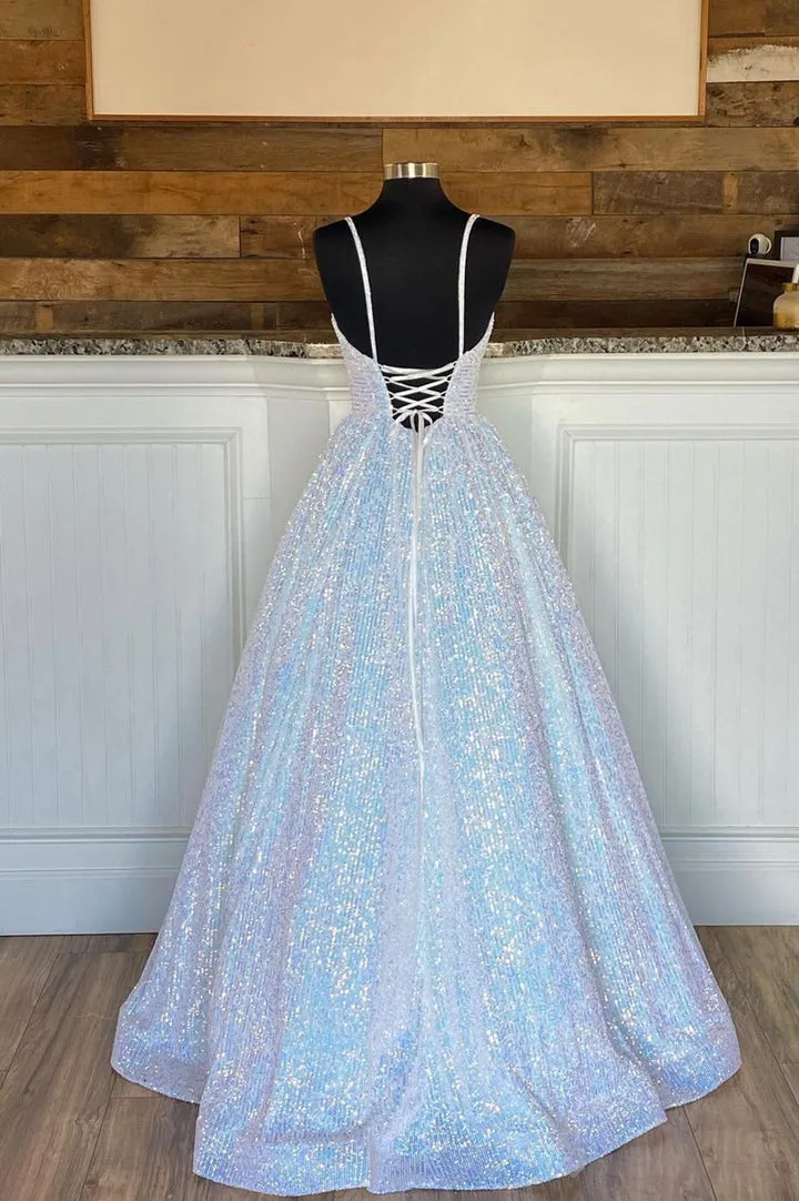 Luolandi A-Line Sequins Long Prom Dresses White Formal Evening Dresses Sparkly