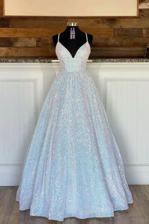 Luolandi A-Line Sequins Long Prom Dresses White Formal Evening Dresses Sparkly