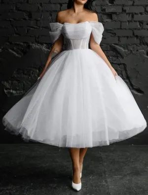 Luolandi Bridal Shower Simple Wedding Dresses Wedding Dresses A-Line Scoop Neck Sleeveless Tea Length Satin Bridal Gowns