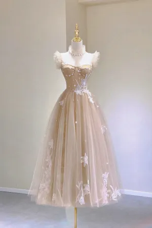 Luolandi Champagne Lace Tea Length Prom Dresses A-Line Evening Dresses Without Neck accessories