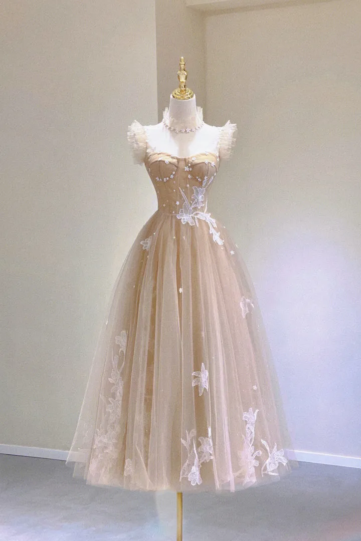 Luolandi Champagne Lace Tea Length Prom Dresses A-Line Evening Dresses Without Neck accessories