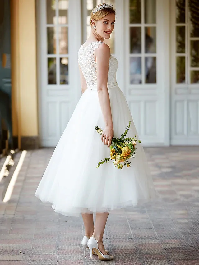 Luolandi Little White Dresses Wedding Dresses Tea Length A-Line Sleeveless Illusion Neck Lace With Sashes / Ribbons