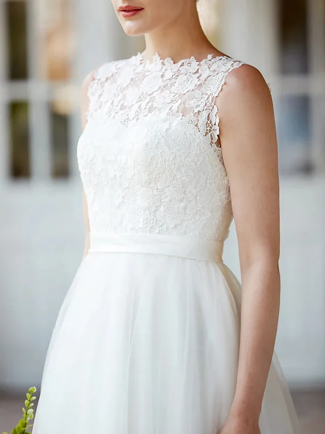 Luolandi Little White Dresses Wedding Dresses Tea Length A-Line Sleeveless Illusion Neck Lace With Sashes / Ribbons