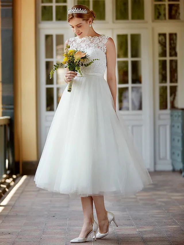 Luolandi Little White Dresses Wedding Dresses Tea Length A-Line Sleeveless Illusion Neck Lace With Sashes / Ribbons