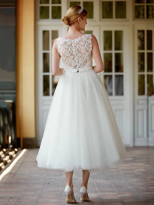 Luolandi Little White Dresses Wedding Dresses Tea Length A-Line Sleeveless Illusion Neck Lace With Sashes / Ribbons