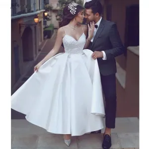 Luolandi Minimalist White Satin Spaghetti Straps Tea Length Wedding Dress Short Bride Dresses Sexy