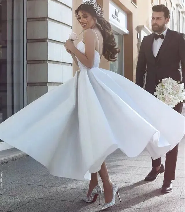 Luolandi Minimalist White Satin Spaghetti Straps Tea Length Wedding Dress Short Bride Dresses Sexy