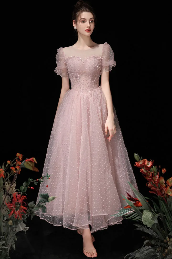 Luolandi Pink Tulle Beading Tea Length Prom Dresses A-Line Homecoming Dresses Beautiful